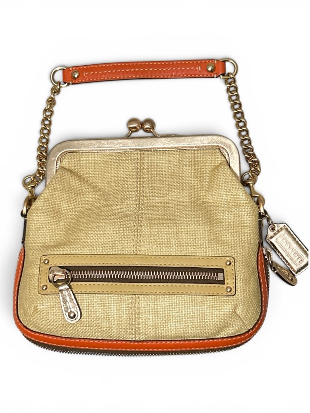 COACH Y2K  Bonnie Kiss Lock Frame Fold Over Straw w/Leather Trim  Demi Bag - Picture 4 of 12